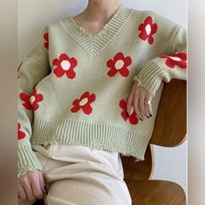 Bailey Rose Distressed Vee Neck Flower Sweater SZ M Mint Green Red